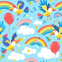 Colorful birds flying through rainbows and clouds. Seamless pattern