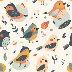 Obraz premium Colorful cartoon birds seamless pattern illustration.