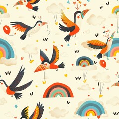Colorful toucans flying through clouds with rainbows. Seamless pattern
