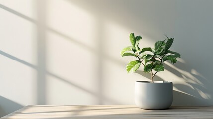 Fototapeta premium Potted plant on wooden table with sunlight and shadow play, minimalist interior design concept