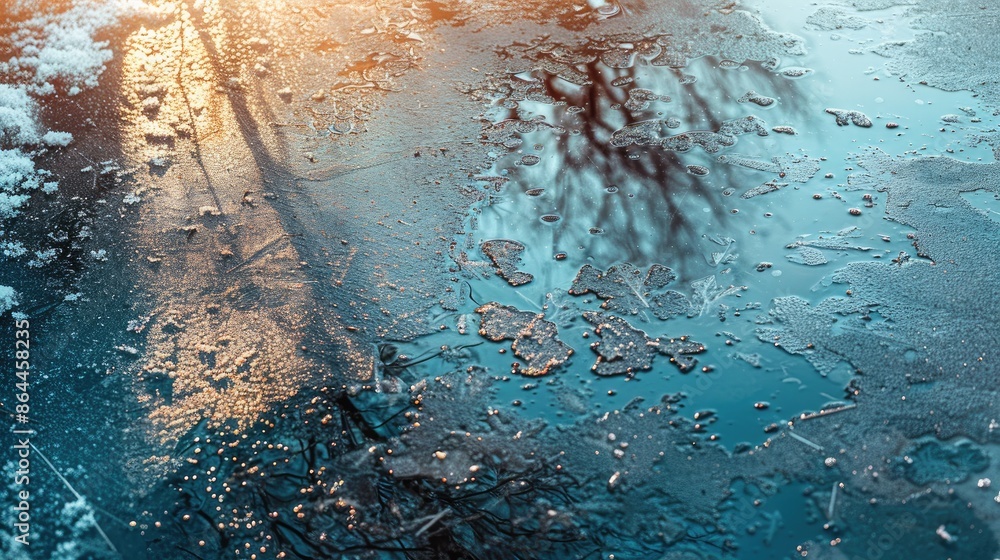 Poster frozen puddle displaying an abstract pattern with a gradient color serving as a background of winter