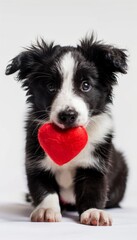 Fototapeta premium Ultra sharp photo featuring a cute Border Collie holding a red heart, perfect for Valentine's Day
