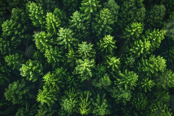 Fototapeta premium Aerial view of a dense forest with many green trees and some clouds in the background