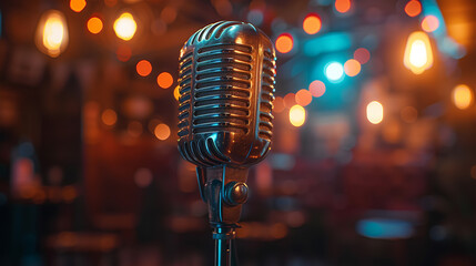 Retro microphone against blur colorful light restaurant background
