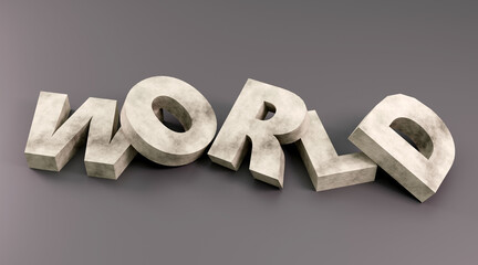 Concrete in the shape of letter saying World 3d render