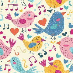 Colorful birds singing with music notes and hearts pattern.