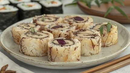   A plate of food rests on a table beside chopsticks and a potted plant in the backdrop