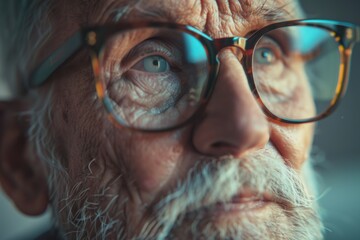 A close-up photo of an individual wearing glasses