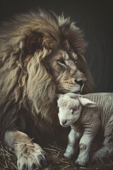 A lion and a lamb lying together in a haystack