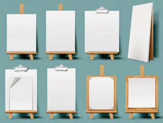 A vector set of realistic 3D blank A4 vertical paper sheets and cards on wooden holders, including stand icons, designed as templates for mockups, menus, and booklets