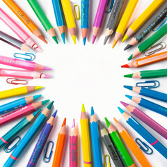 Fototapeta premium Dynamic clip art scene of colorful crayons and paper clips framing the message Welcome Back to School, on a white background