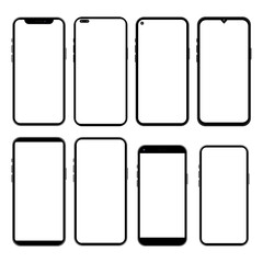 Realistic model of smartphone with transparent screen. Collection of smartphone mockups. Front view of the device. 3D mobile phone with shadow on transparent background. Icon stock vector illustration
