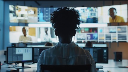 Professional working in high-tech office with multiple screens and video calls, showcasing remote collaboration. AIG58