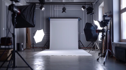 Studio for photo sessions. Professional photographer's work place. Sunny workspace interior with grey background and kit of illumination equipment like lamp, spotlight and lighting umbrella. No people
