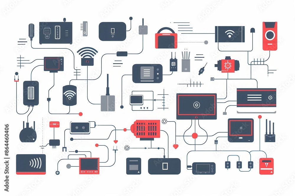 Poster A network diagram with various smart home gadgets connected to a network router and modem, symbolizing a connected modern home. Generative AI