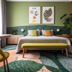Green and Bedroom, Modern Bedroom Home Interior Mockup Design 