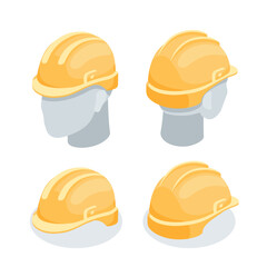 isometric vector construction helmet front and back view, in color on white background, protective work gear or headgear