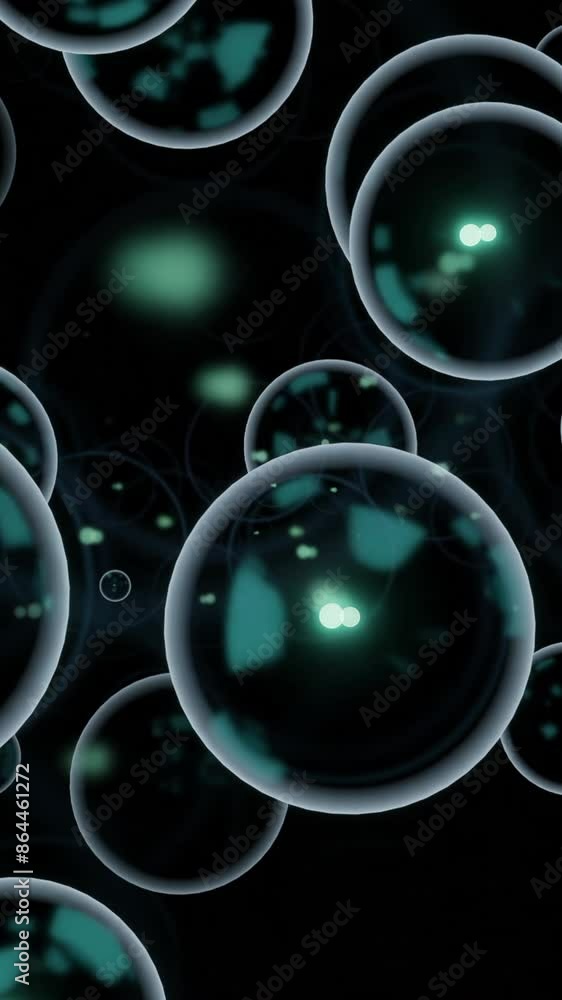 Poster 3d bubbles move in stream. design. large soap bubbles move in stream on black background. colored bu