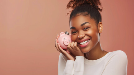 Studio portrait of happy smiling black woman holding pink piggy bank with savings to her ear, listening to sound of coins clinking inside, anticipating spending whole lot of money on fulfilling dreams