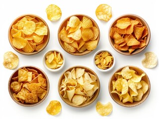 Collection of various flavored potato chips in bowls, isolated on a white background, top view