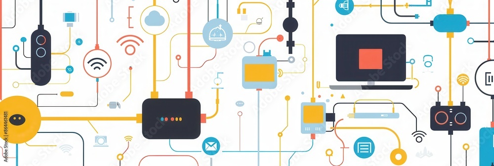 Leinwandbilder A digital illustration showcasing a network of routers, modems, smart home devices, and a laptop, all connected by abstract lines symbolizing data flow. Generative AI