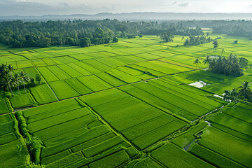 A large field of green rice is shown from above,, generative ai image