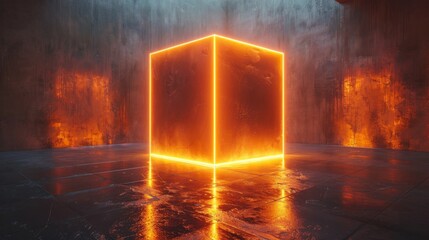 Glowing neon cube in grunge room, futuristic abstract concept
