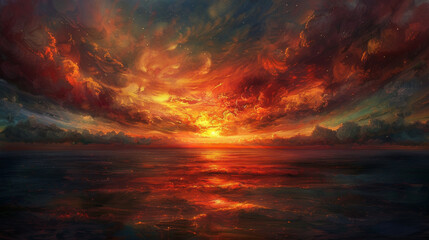 Golden orb sinks below horizon, casting hues of crimson and amber across the vast expanse. Fluffly white clouds drift lazily overhead, painting a celestial canvas above the tranquil seascape.