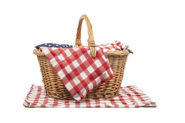 A classic American picnic setup with a blanket and basket, isolated with room for text