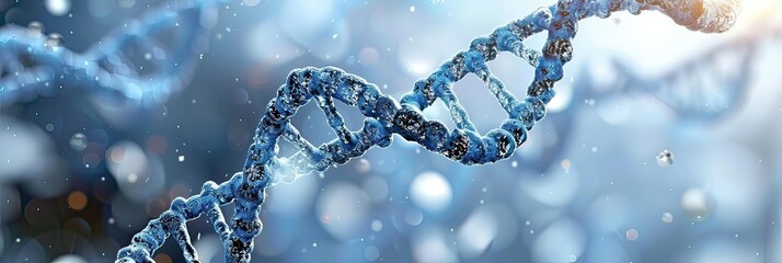 A computergenerated image of a DNA strand on a blue background