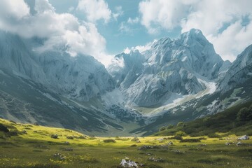 Obraz premium A scenic landscape featuring a mountain range with a valley in the foreground, suitable for use in travel or outdoor adventure publications