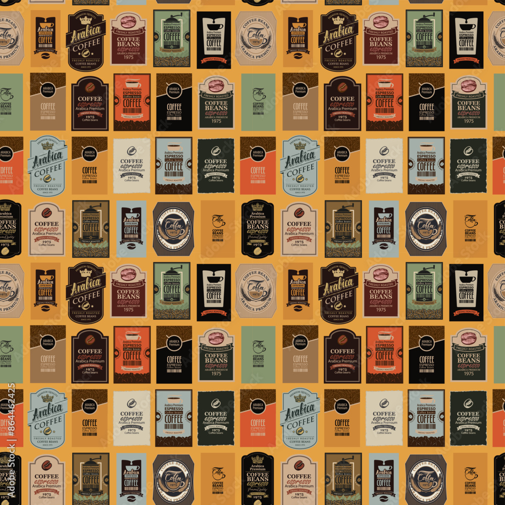 Poster vector seamless pattern on coffee and coffee house theme with various labels in retro style. can be 