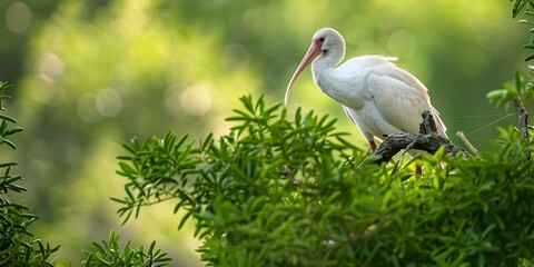 Fototapeta premium White ibis perched on tree at Pinckney Island, Hilton Head, SC with green background. Concept Wildlife Photography, Bird Watching, Nature Conservation, Southern United States, Coastal Habitats
