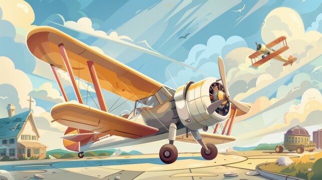 a fun and educational National Aviation Day children’s book illustration, featuring cartoon airplanes and pilots exploring the history of flight. - Powered by Adobe