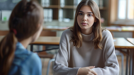Teenage girl looks with confidence at woman psychologist sitting next to her in school class. Professional psychotherapist on theraphy session. Teens education, psychological help and support concept
