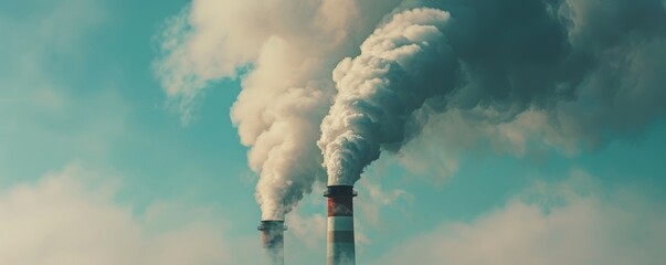 Industrial chimneys emitting thick smoke against a clear sky, environmental pollution concept