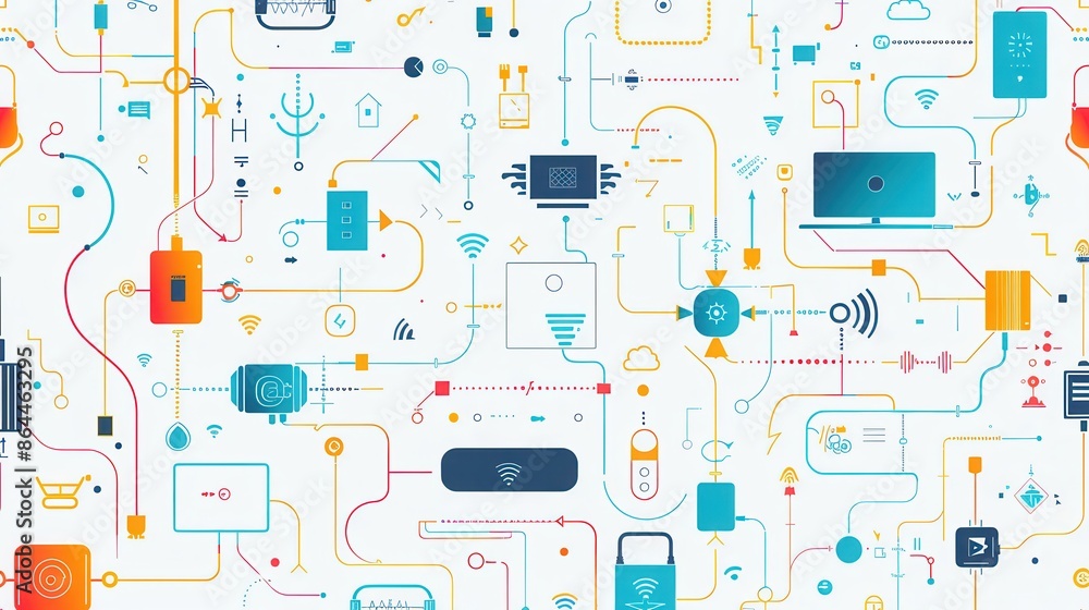 Aufkleber an illustration depicting a network of interconnected devices, including routers, modems, and smart 