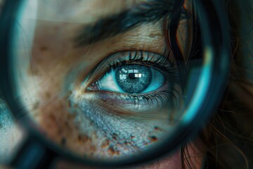 A person looks closely at something using a magnifying glass, possibly for investigation or observation