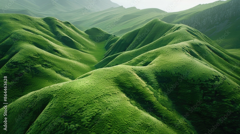 Poster a serene landscape featuring a green mountain range with a single tree standing out in the distance,