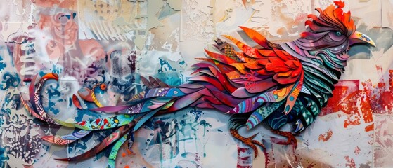 Fototapeta premium Ultra sharp image showcasing a whimsical paper bird with elegantly patterned feathers and colorful
