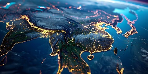 Asian telecom network linking Korea to global finance and trading markets. Concept Asia-Pacific Connectivity, Telecommunication Infrastructure, International Trade, Financial Markets