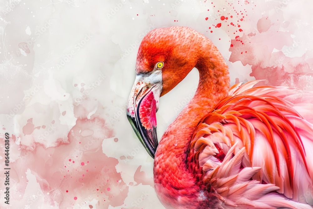 Poster a single flamingo standing in front of a plain white background, perfect for use in graphic designs 