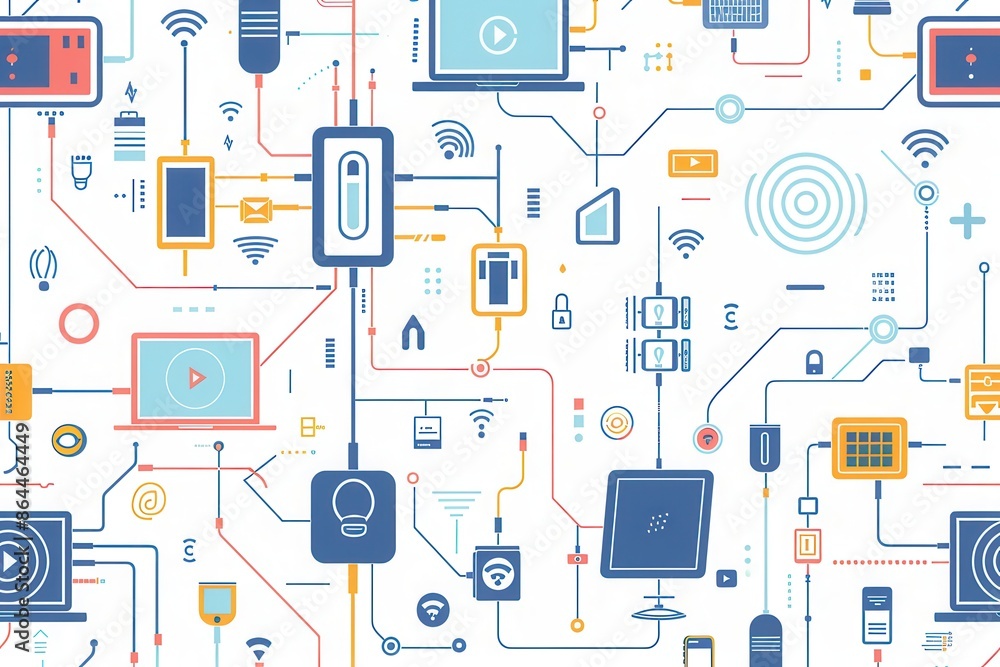 Poster digital illustration of a modern home network with routers, modems, and smart devices connected by a