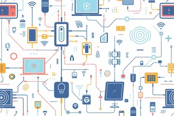 Fototapeta premium Digital illustration of a modern home network with routers, modems, and smart devices connected by abstract lines representing data flow. Generative AI