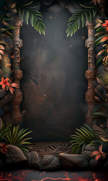 A Hawaiian tiki volcano themed blank sign to accept a custom message or design element - dark rustic textured chalkboard signage, lava, carved wood frame, mobile friendly, responsive ,, copyspace

