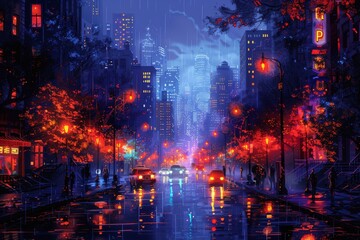 A nighttime city street illuminated by bright neon lights reflecting off wet surfaces amidst a rainy atmosphere, capturing the vivid allure and mystique of urban nightlife.