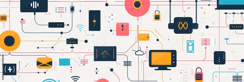 Poster abstract illustration of a home network with routers, modems, and smart home devices represented by 