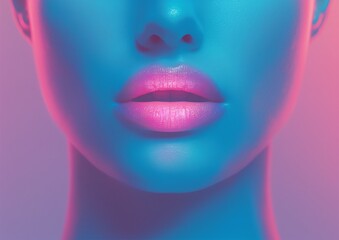 Fototapeta premium Neon Close-Up of Womans Lips with Pink Gloss and Futuristic Lighting