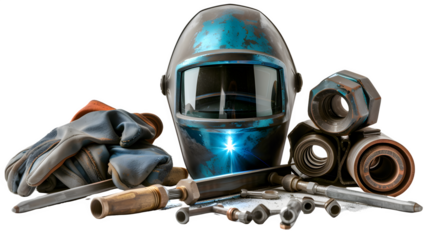 Welders workshop setup with welding mask and metal, PNG file, transparent background, isolated on white