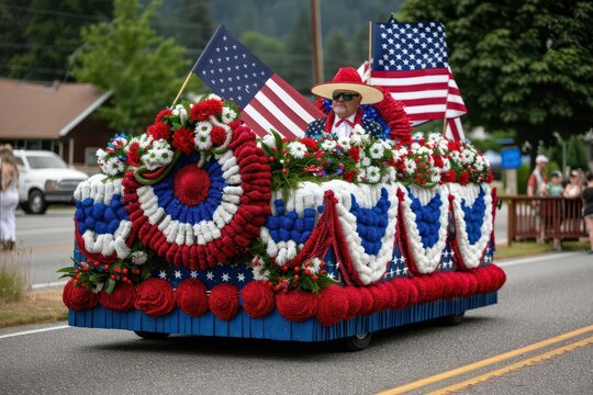 A parade float decorated in red, white, and blue, with ample room for text